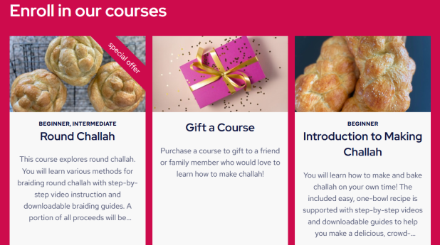 Available courses include round challah, gift a course, and Introduction to Making Challah